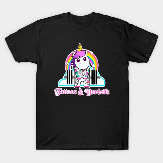 Tattoos and Barbells, unicorn fitness, barbell unicorn, gym girl T-Shirt by TimAddisonArt